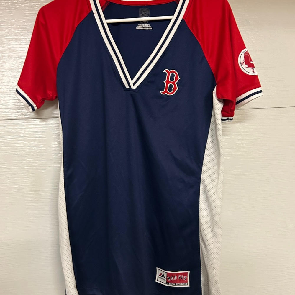 Majestic Navy and Red V-Neck Baseball Jersey Top